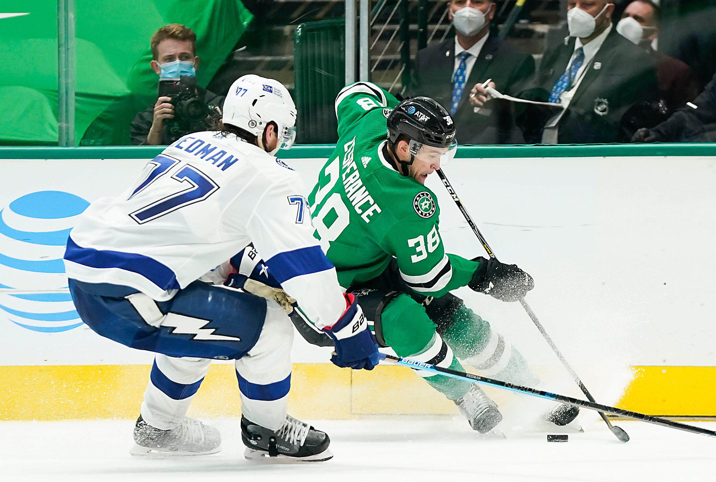 Dallas Stars center Joel L'Esperance (38) controls the puck against Tampa Bay Lightning...