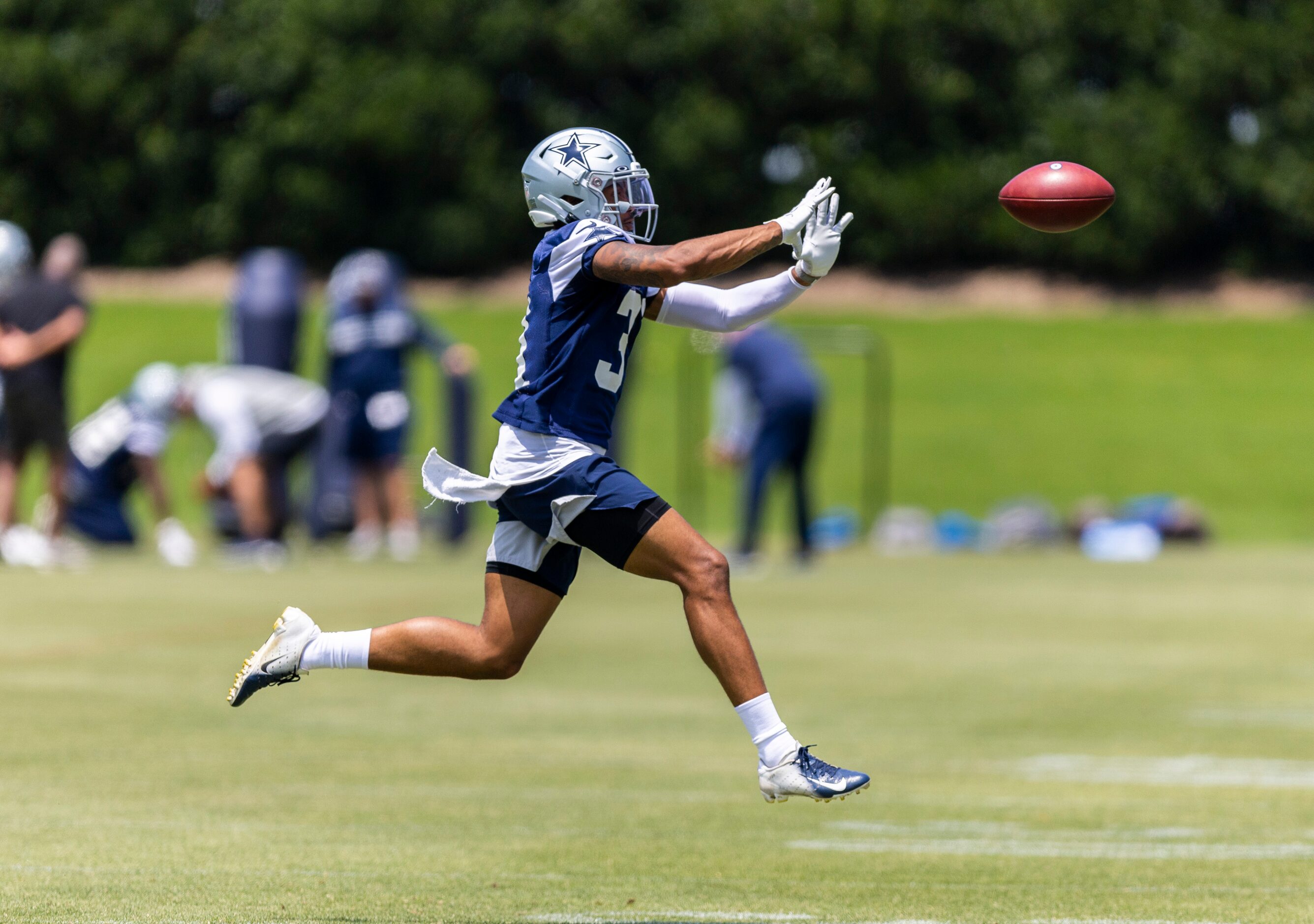 Dallas Cowboys safety Tyler Cole catches a pass during practice at The Star in Frisco,...