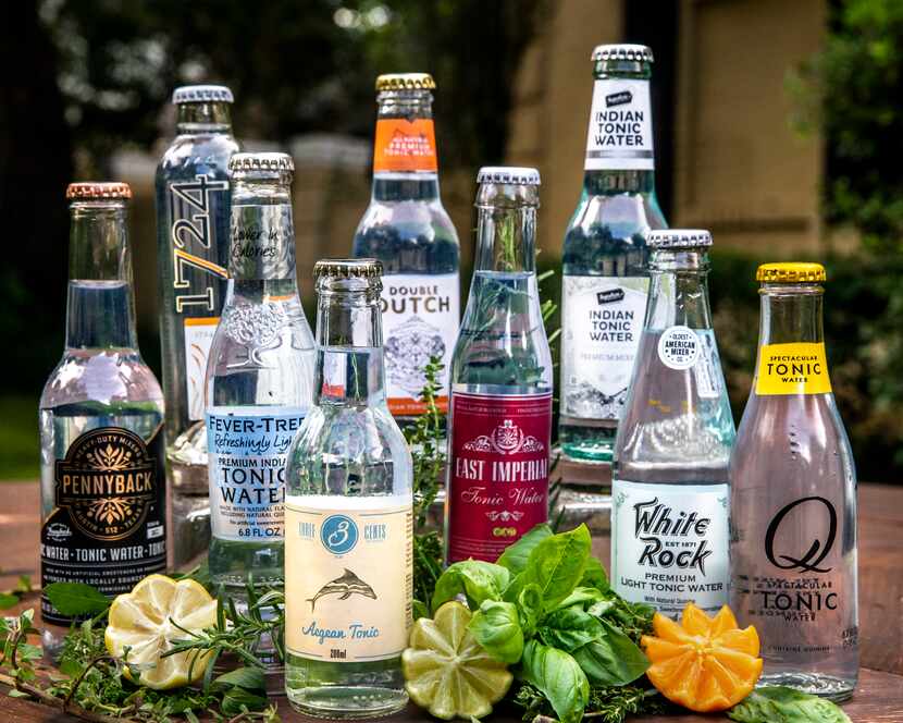 An array of bottled tonic waters include Pennyback, 1724, Fever-Tree, Three Cents, Double...