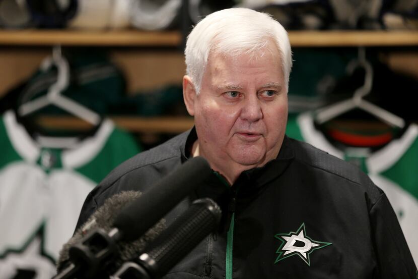 Dallas Stars head coach Ken Hitchcock speaks during a press conference following the...