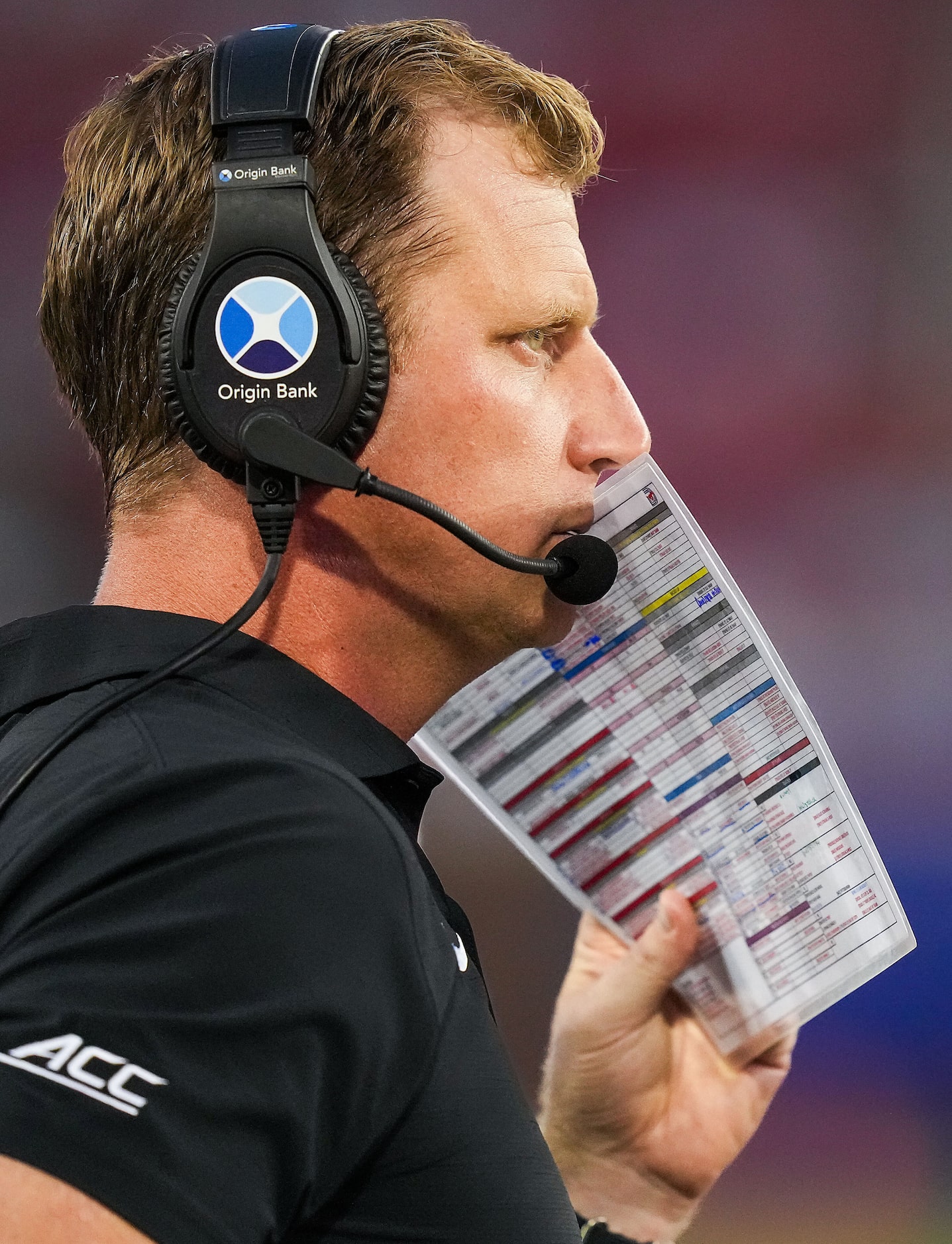 SMU head coach Rhett Lashlee works on the sidelines during the first half of an NCAA...