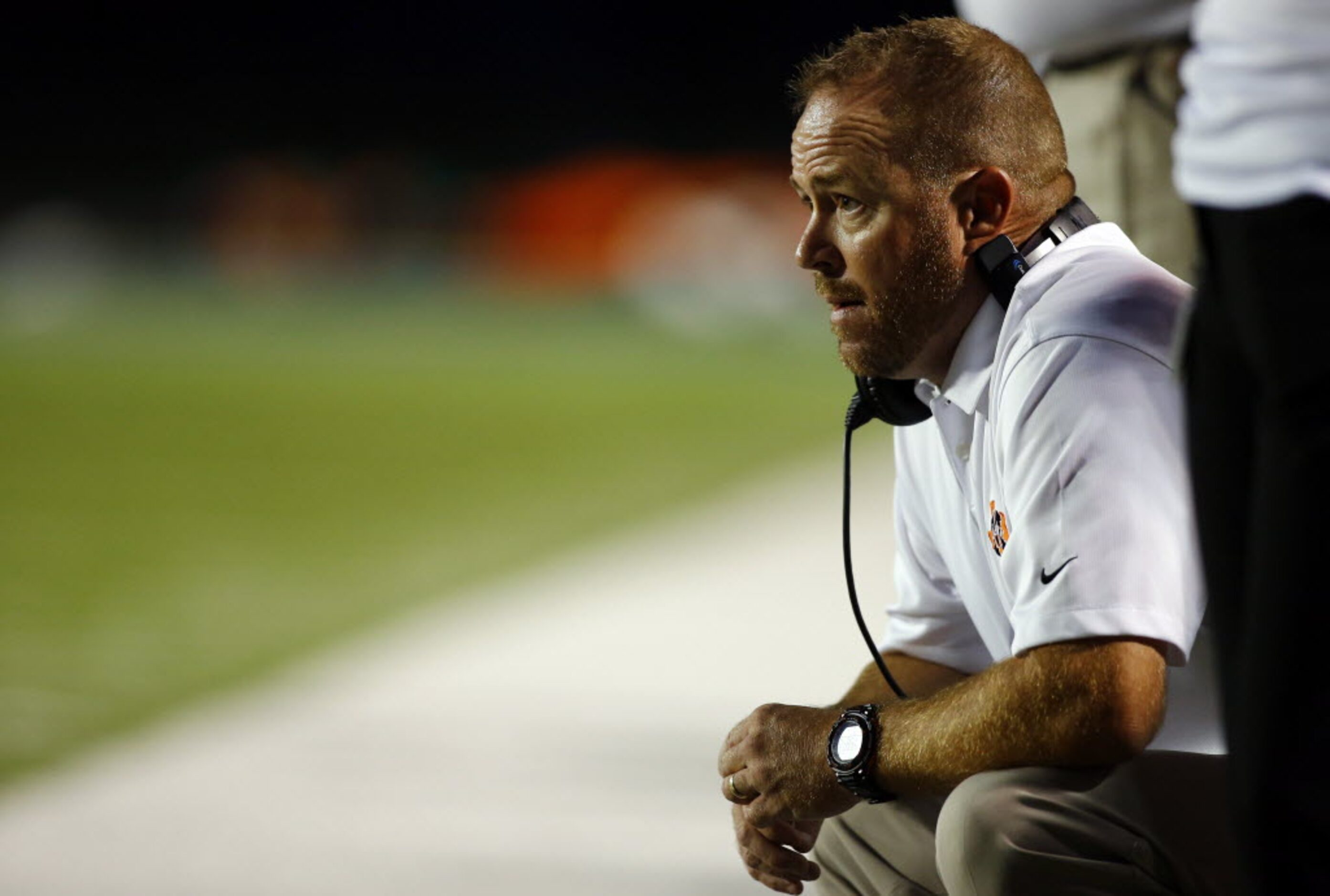 TXHSFB McKinney North head coach Mike Fecci watches from the sideline against Richardson...