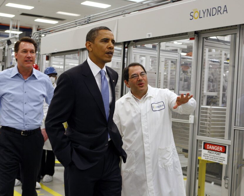 In this May 26, 2010 file photo, President Barack Obama is given a tour of Solyndra by...