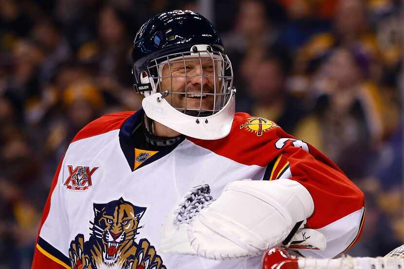 BOSTON, MA - MARCH 04: Tim Thomas #34 of the Florida Panthers laughs following a save in the...