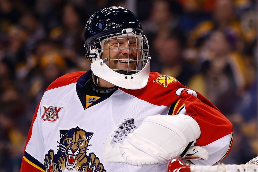 BOSTON, MA - MARCH 04: Tim Thomas #34 of the Florida Panthers laughs following a save in the...