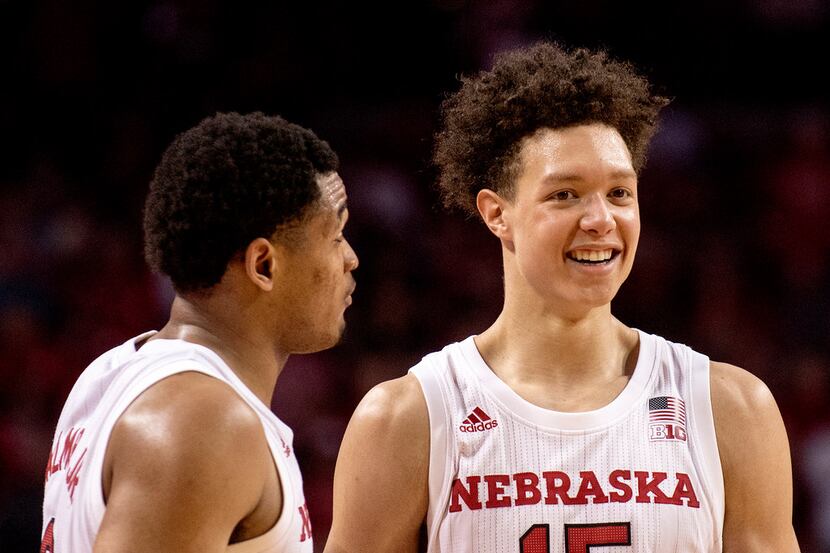 Nebraska's James Palmer Jr. (0) and Isaiah Roby talk during the team's NCAA college...