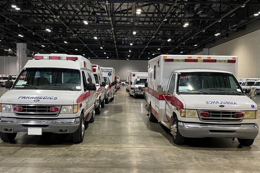 The Florida staging area for Hurricane Ian relief efforts.  Ambulances from Arlington were...