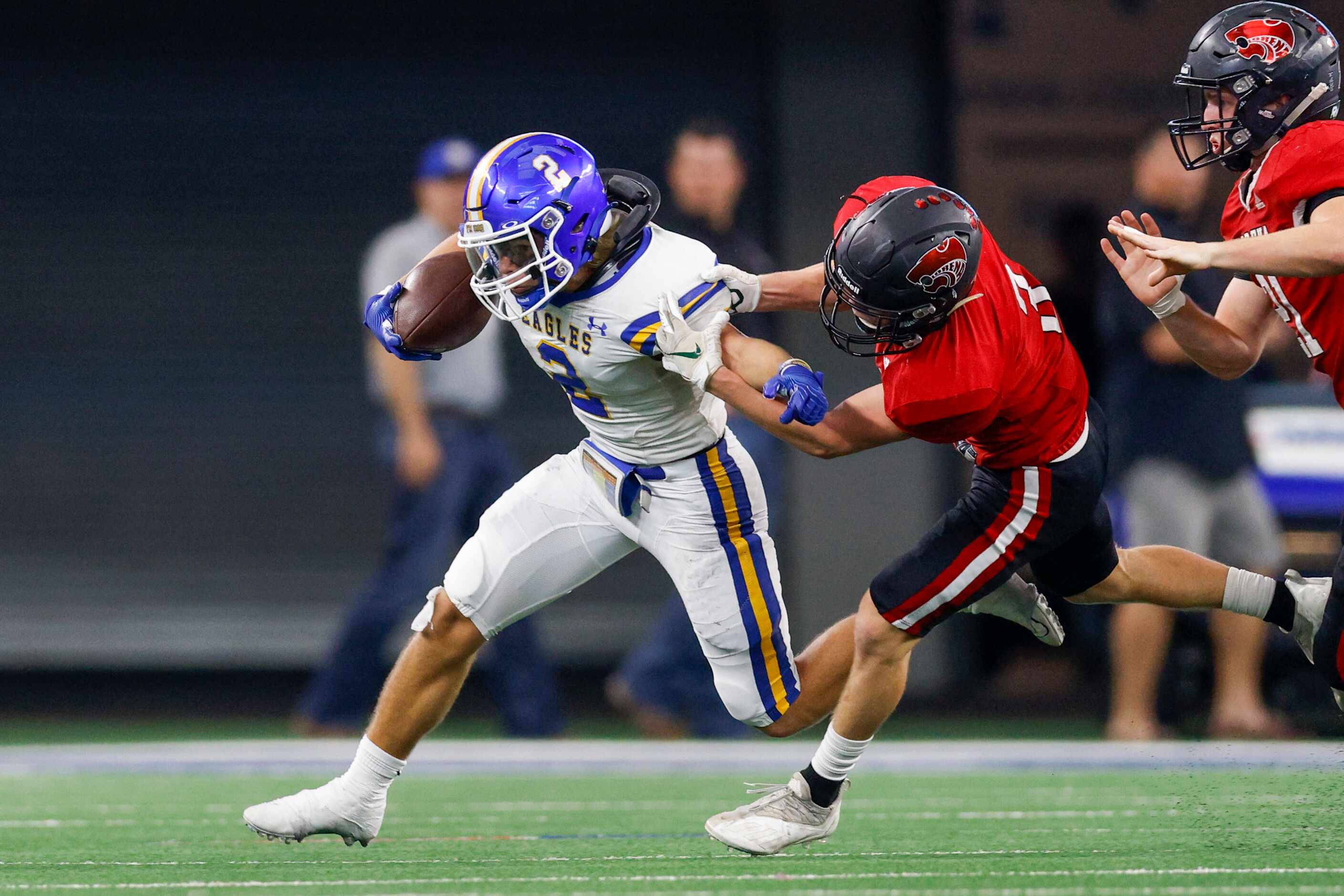 Lorena defensive back Jackson Generals (3) tackles Brock running back Zachary Brewster (2)...