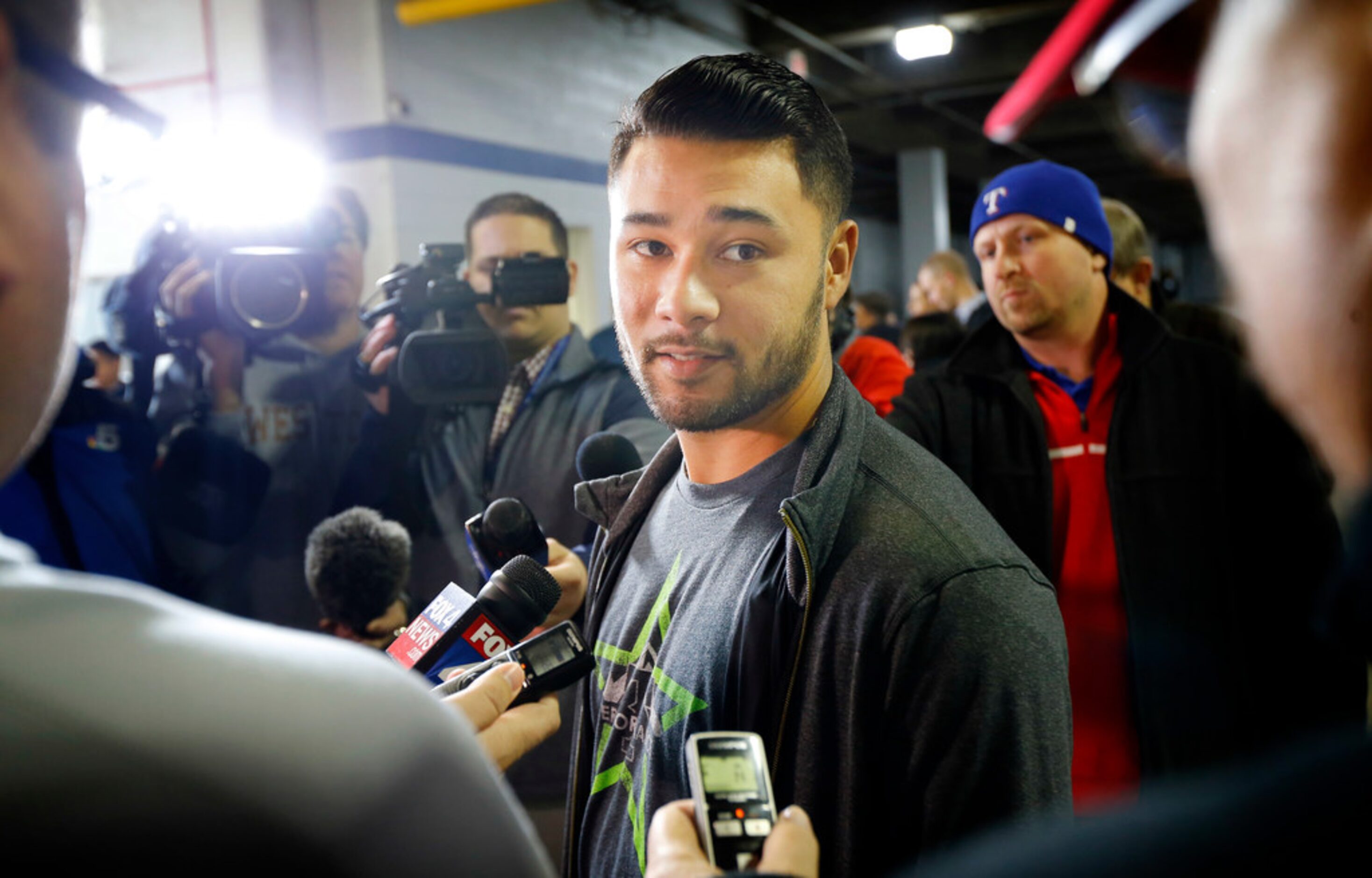 Texas Rangers catcher Isiah Kiner-Falefa speaks with the media about the upcoming Spring...