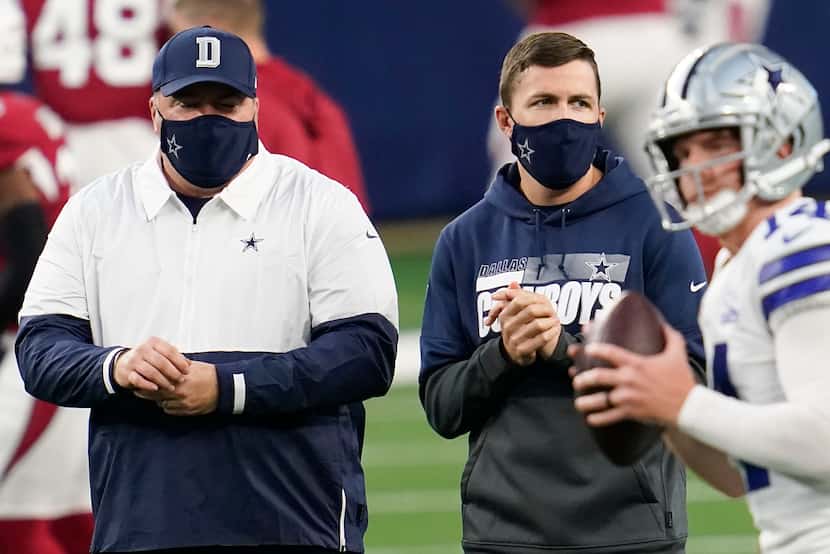 Dallas Cowboys head coach Mike McCarthy (left) and offensive coordinator coach Kellen Moore...