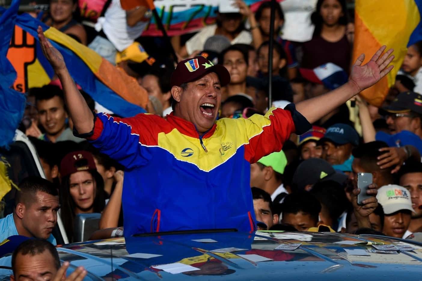 Venezuelan opposition presidential candidate Henri Falcon gestures during the closing rally...