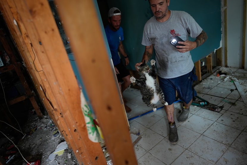 Mechanic Evan Purcell, right, and friend Ted Carlson recover Purcell's cat McKenzie, who...