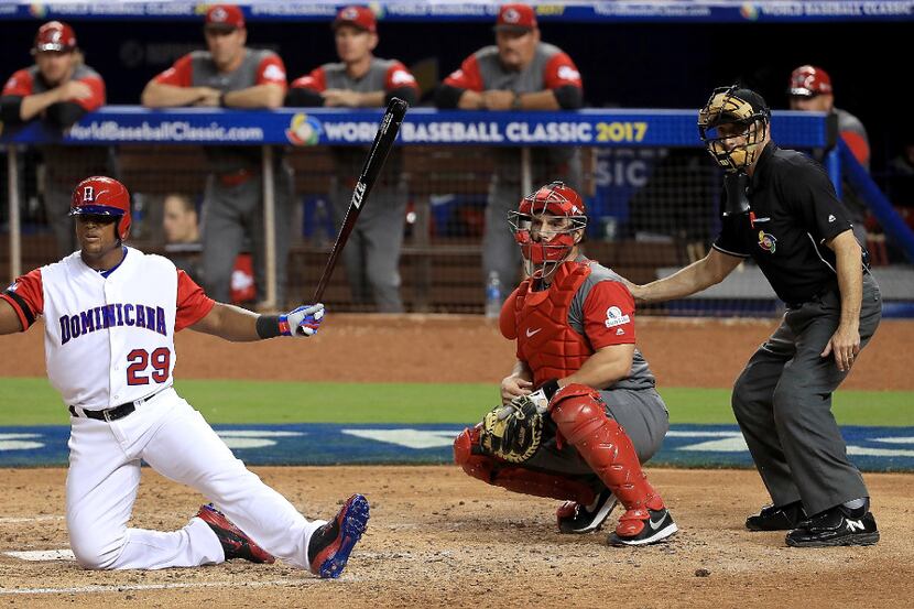 MIAMI, FL - MARCH 09:  Adrian Beltre #39 of the Dominican Republic hits during a Pool C game...