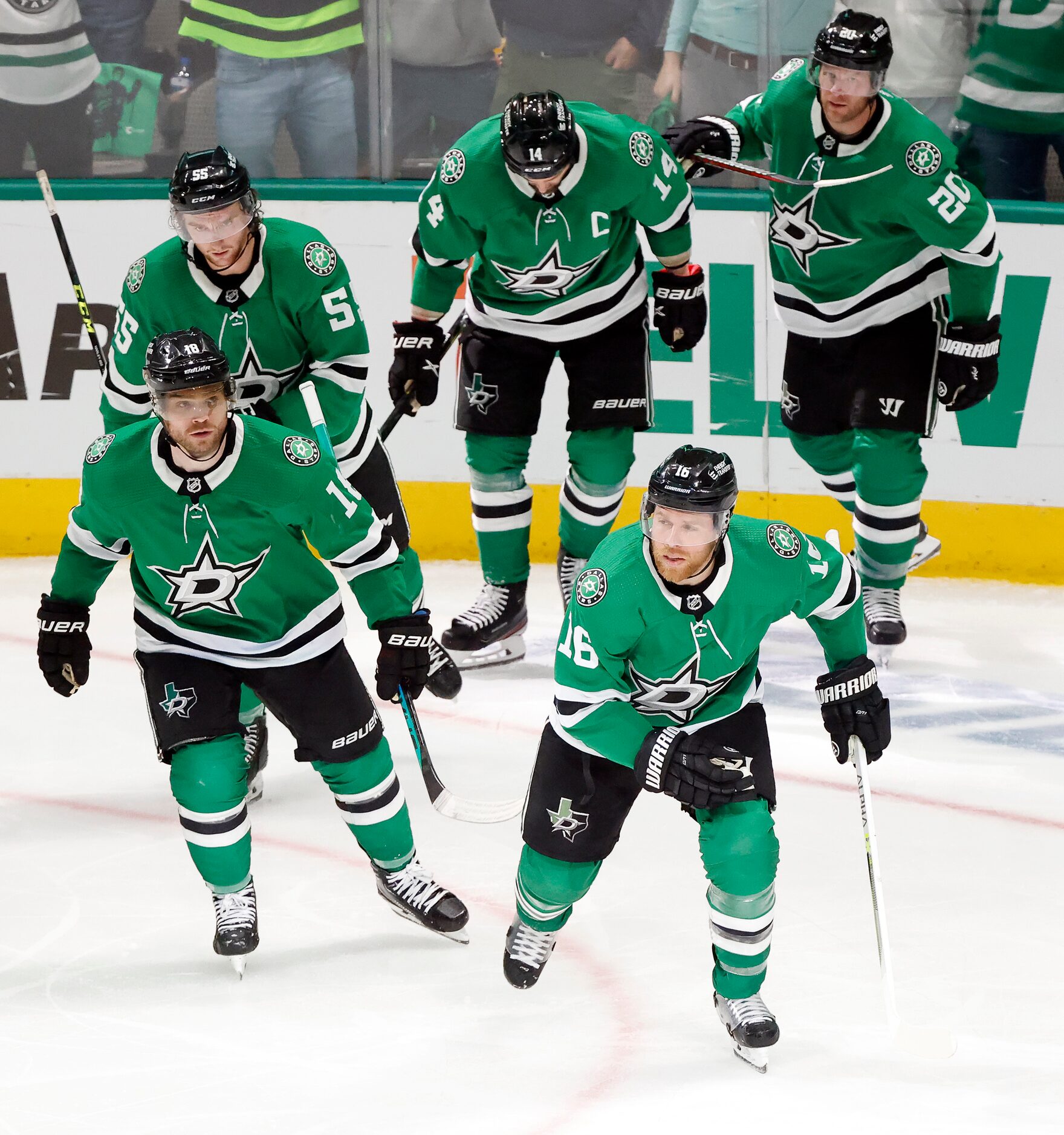 Dallas Stars center Joe Pavelski (16) was congratulated by teammates after scoring the hat...