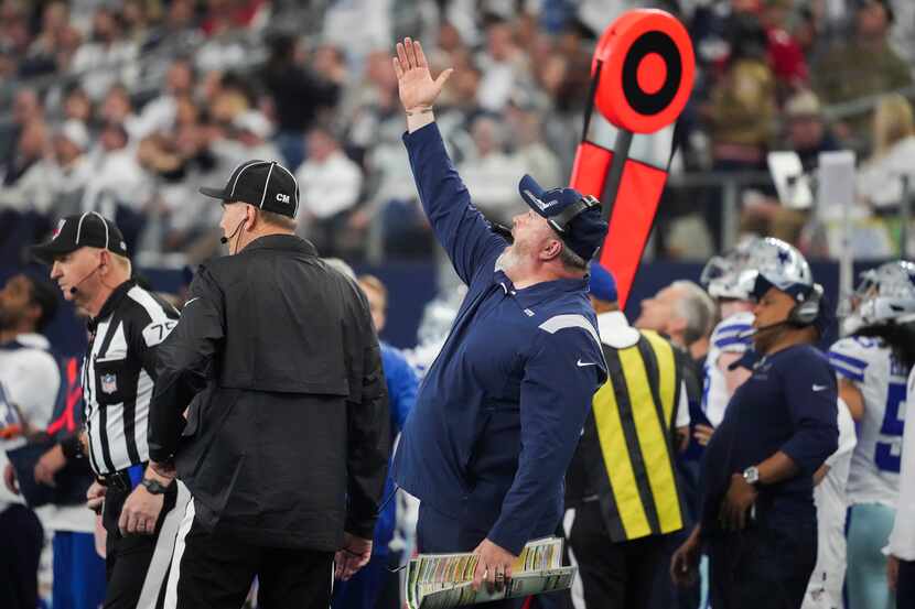Dallas Cowboys head coach Mike McCarthy reacts after a call went against his team during the...