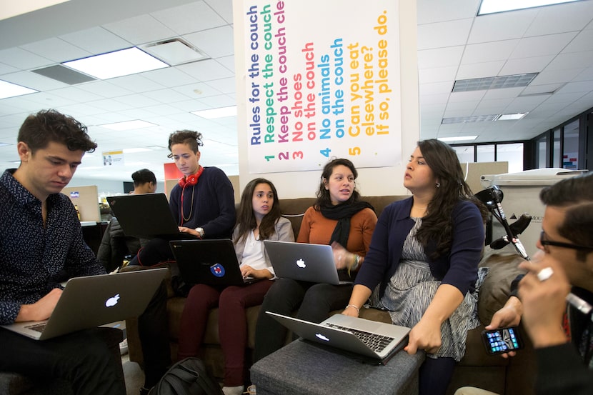 Yadira Dume (third from right), who is a "Dreamer" and activist, meets with fellow staff...