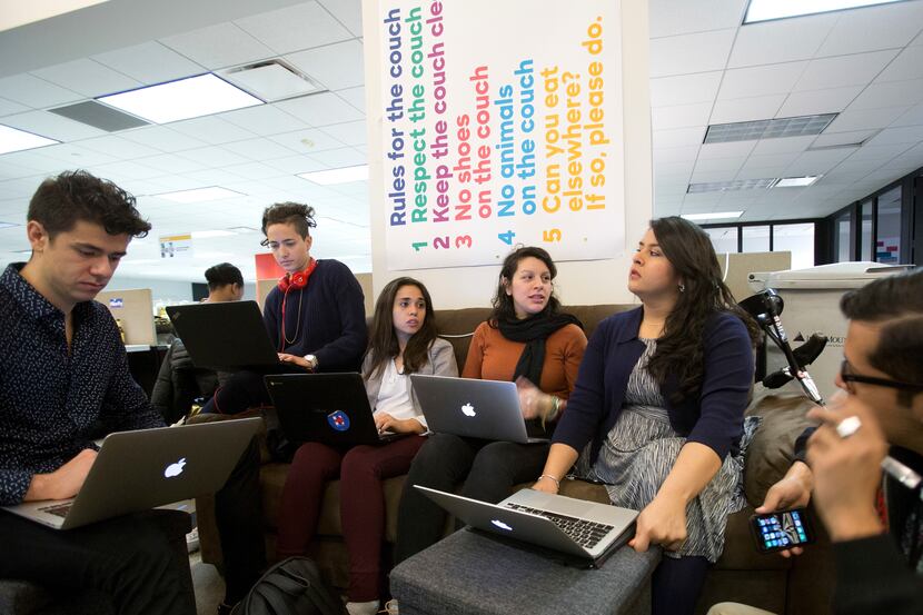 Yadira Dume (third from right), who is a "Dreamer" and activist, meets with fellow staff...