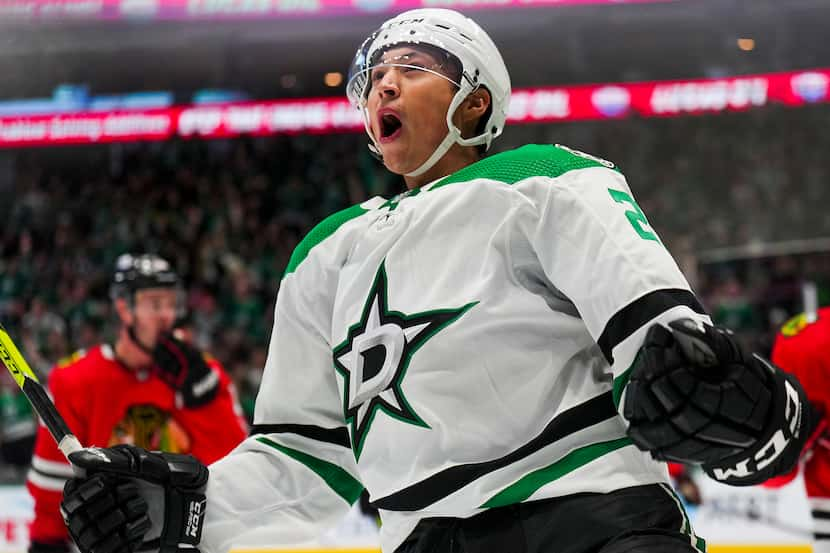 Dallas Stars left wing Jason Robertson (21) celebrates after a goal during the first period...