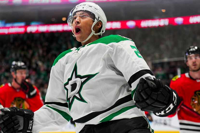 Dallas Stars left wing Jason Robertson (21) celebrates after scoring a goal during the first...