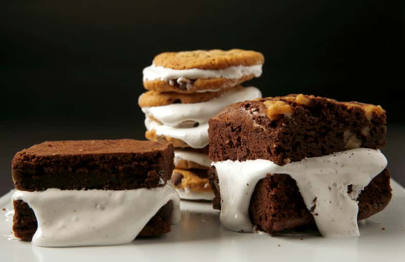 Brownie and chocolate cookie marshmallow sandwiches 