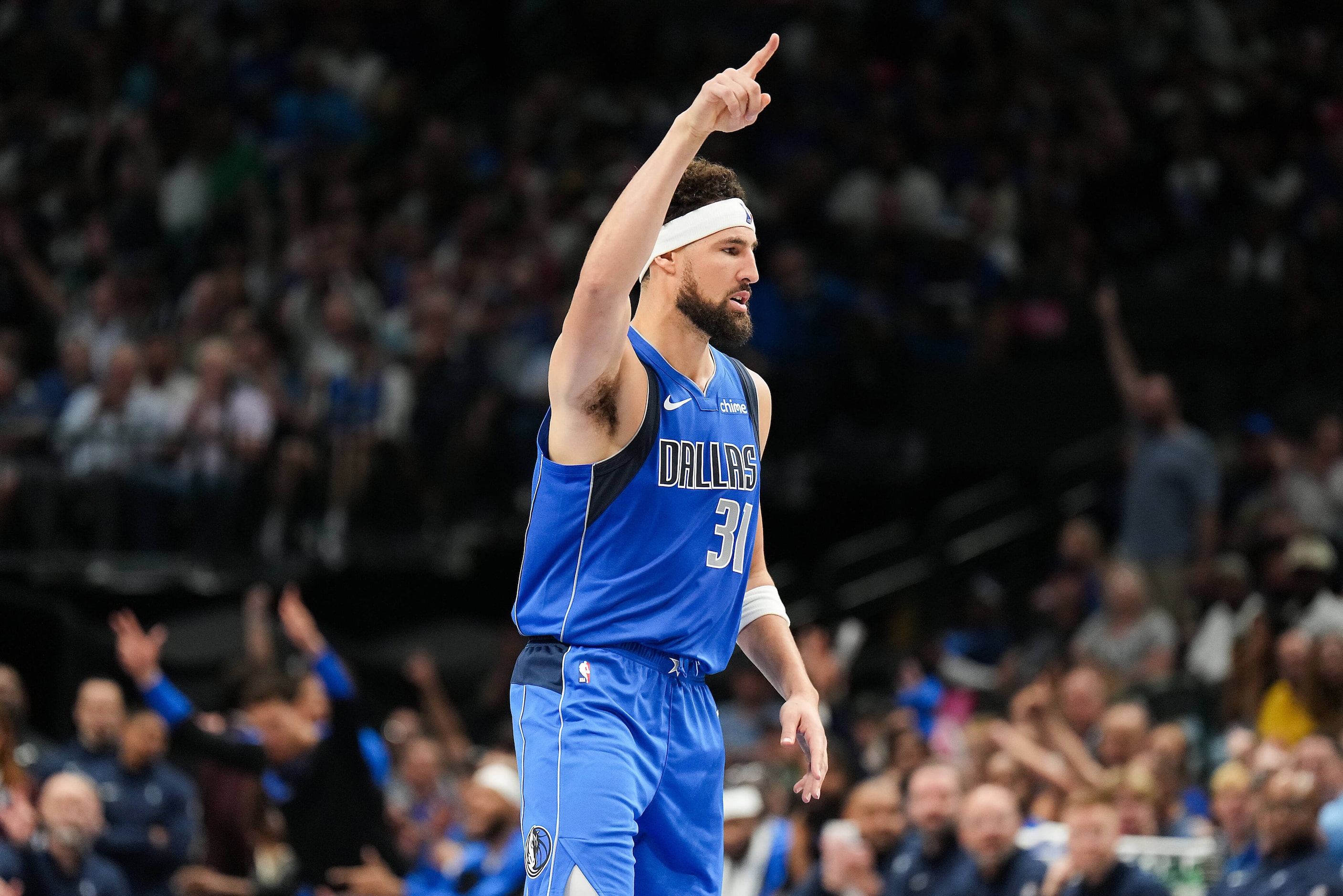 Dallas Mavericks guard Klay Thompson celebrates after hitting a 3-pointer during the first...