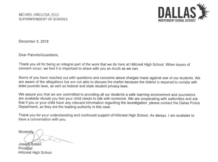 The letter posted to the Hillcrest website Wednesday afternoon