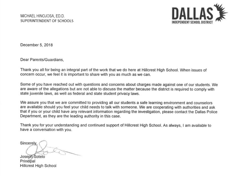 The letter posted to the Hillcrest website Wednesday afternoon