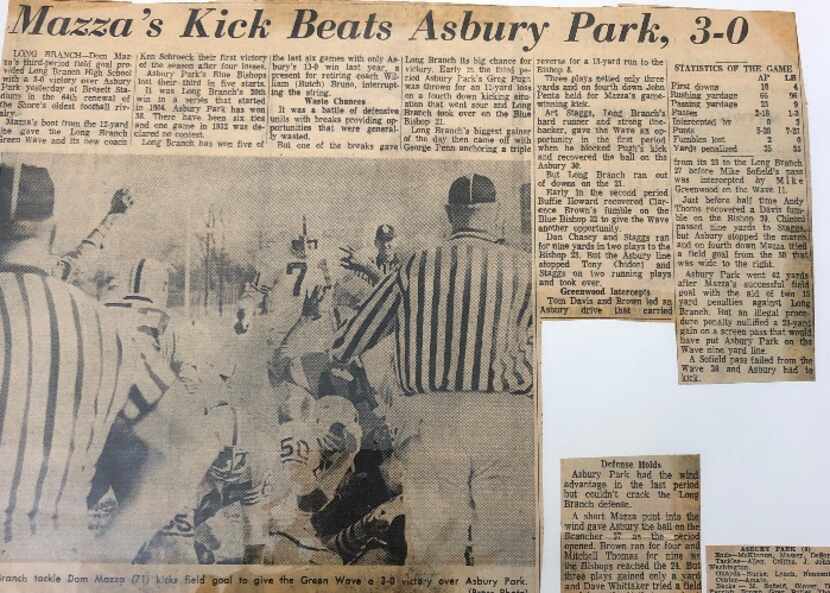 A newspaper article from when Dominick Mazza kicked a game-winning field goal in high school.