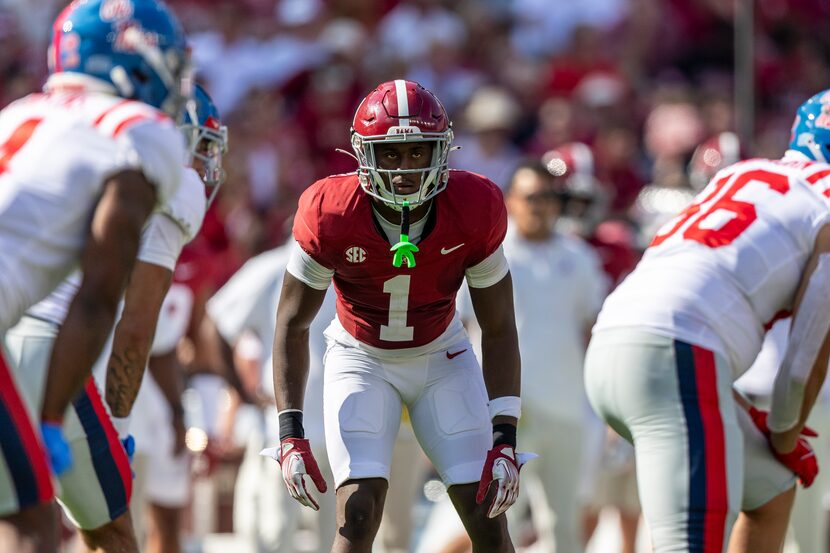 Alabama defensive back Kool-Aid McKinstry (1) sets up for a play against Mississippi during...