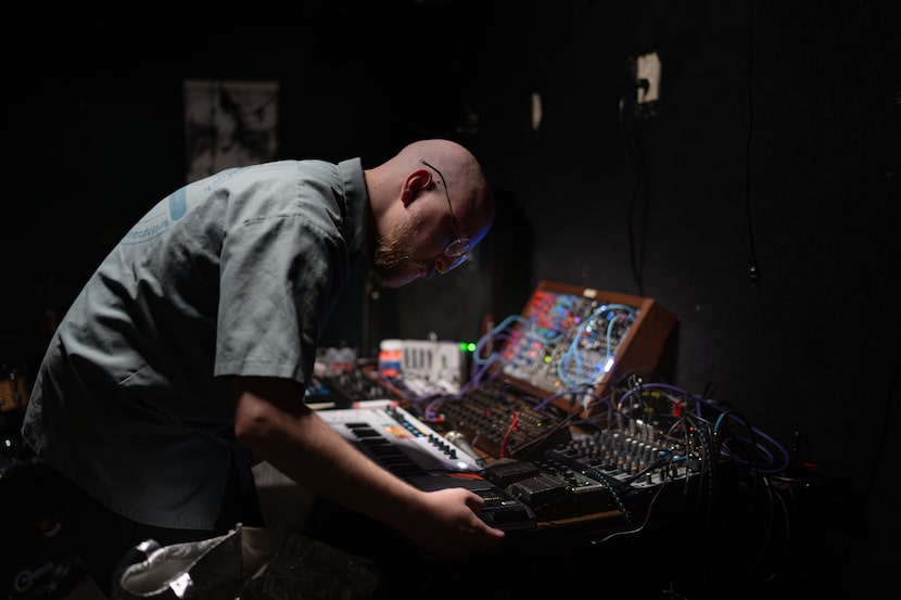 Keaton Collins, founder of open mic synthesizer nights "Mots", demonstrates how modular...