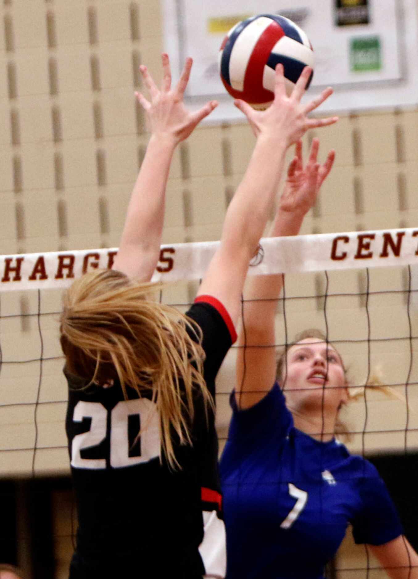 Trophy Club Byron Nelson outside hitter Nina Peterson (7) fires off a shot against the...