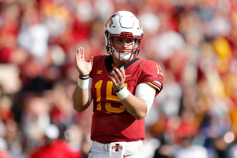 FILE - In this Oct. 27, 2018, file photo, Iowa State quarterback Brock Purdy reacts at the...