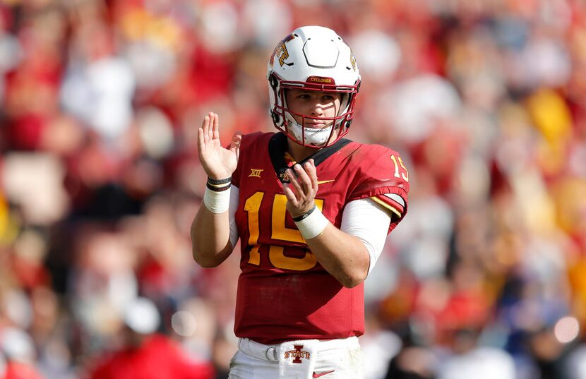 FILE - In this Oct. 27, 2018, file photo, Iowa State quarterback Brock Purdy reacts at the...