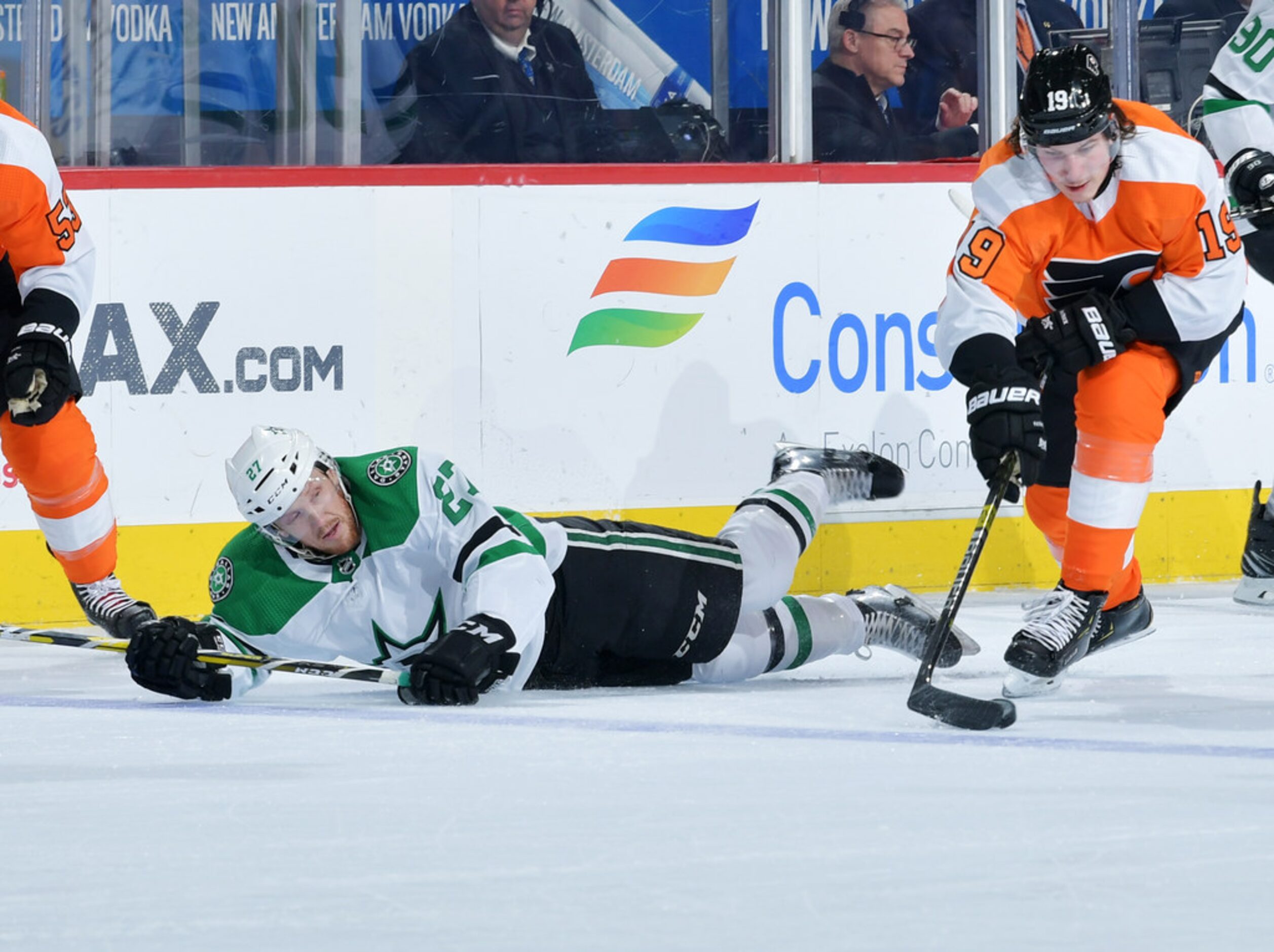 PHILADELPHIA, PENNSYLVANIA - JANUARY 10: Erik Condra #27 of the Dallas Stars falls to the...