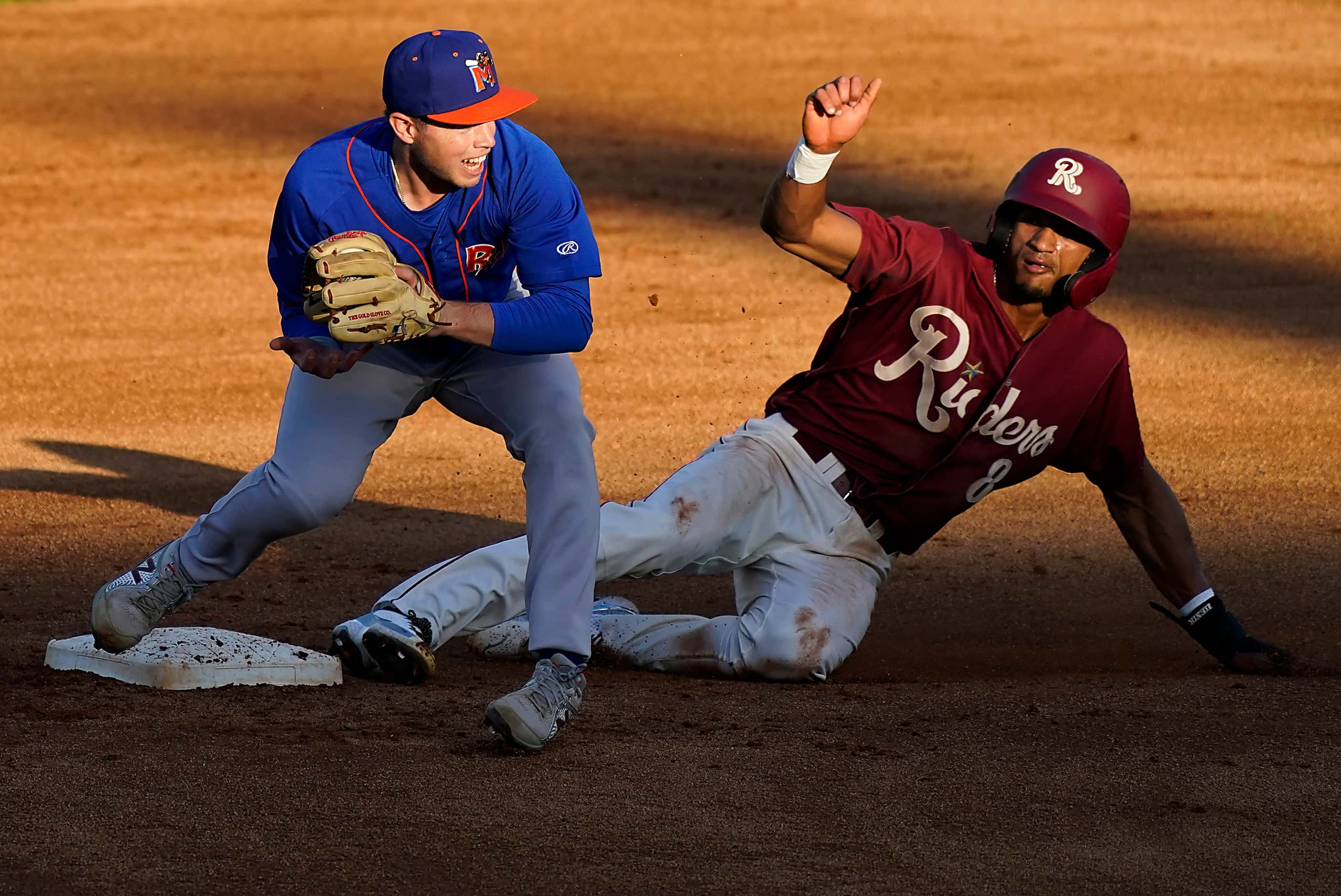 Frisco RoughRiders outfielder Bubba Thompson is out at second as Midland RockHounds...