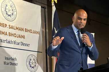 U.S. Rep. Colin Allred speaks to about 200 people attending Rep. Salman Bhojani and Nima...
