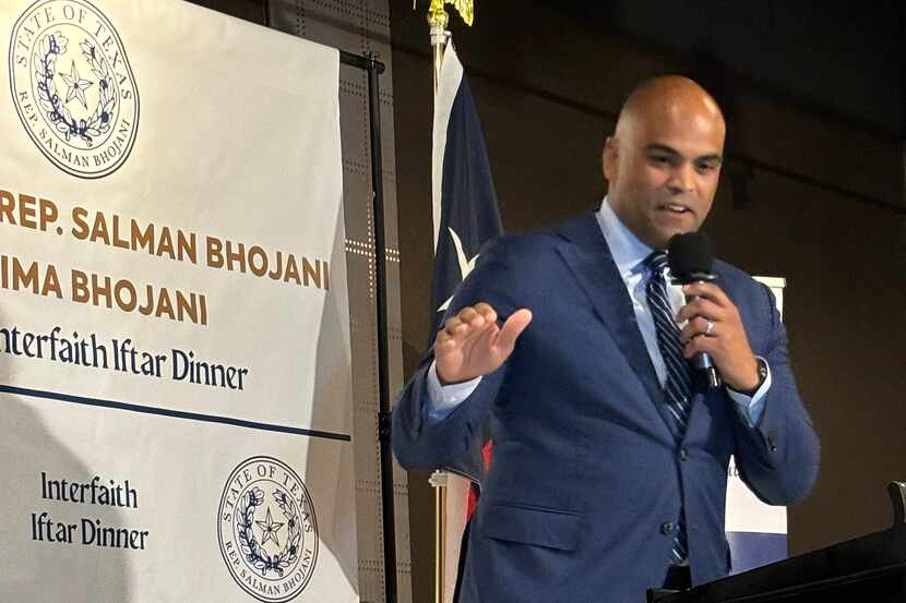 U.S. Rep. Colin Allred, D-Dallas, speaks to about 200 people attending Rep. Salman Bhojani's...