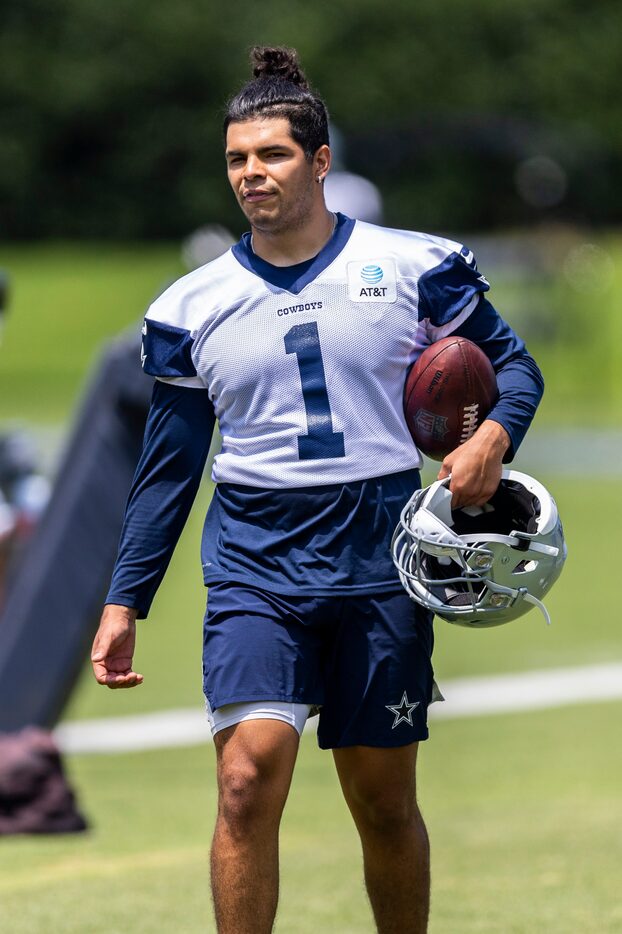 Dallas Cowboys kicker Jonathan Garibay (1) is seen during practice at The Star in Frisco,...