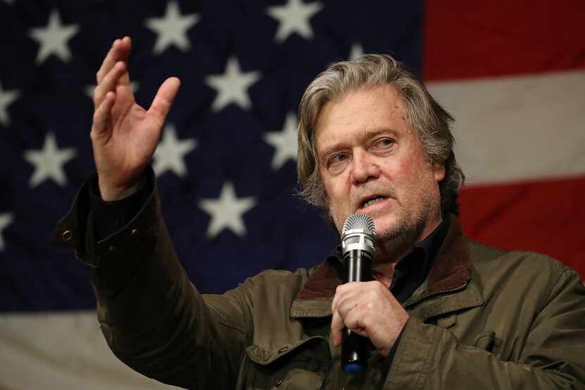 Steve Bannon speaks before introducing Republican Senate candidate Roy Moore during a...