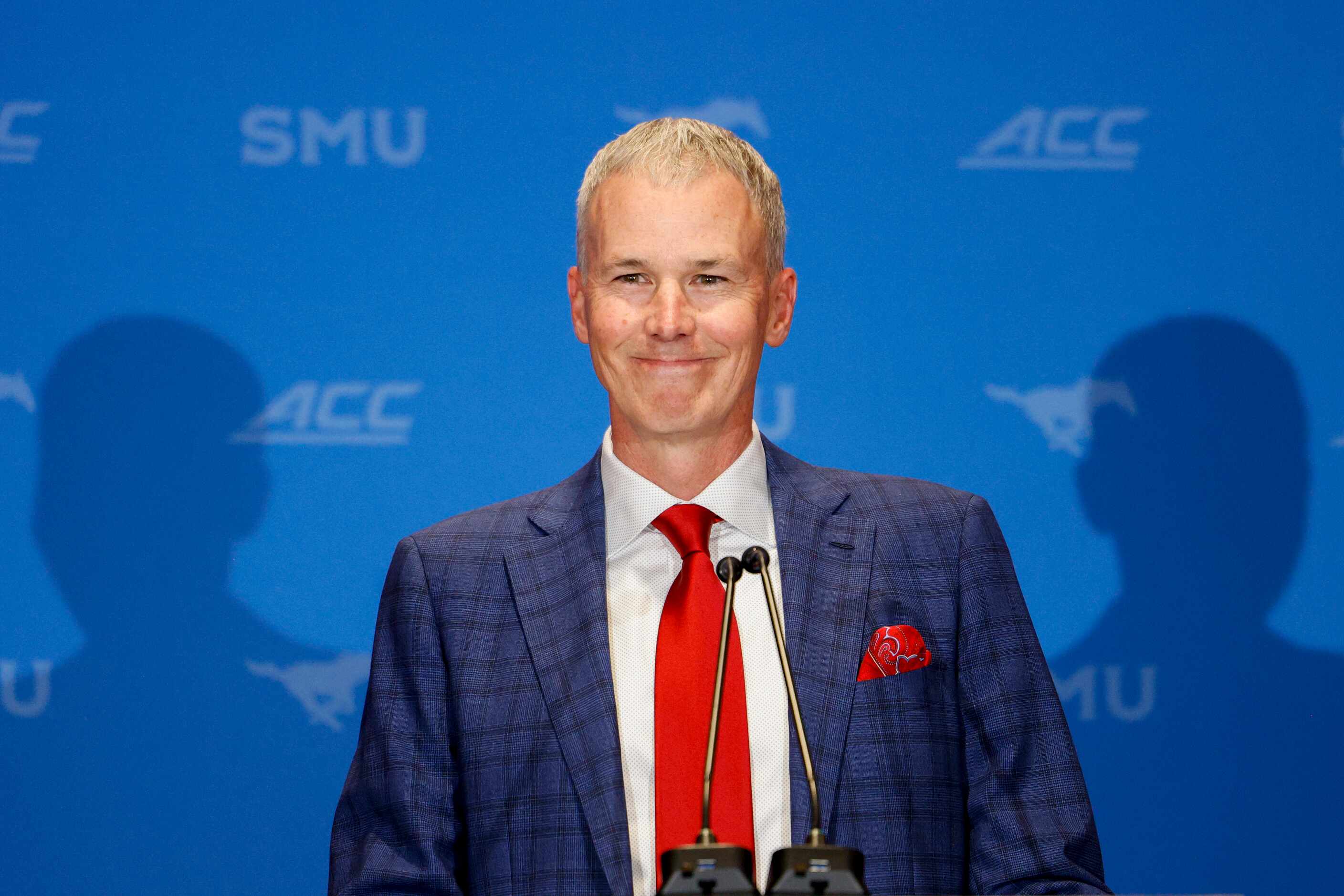 Andy Enfield speaks after being introduced as SMU’s head men's basketball coach during a...