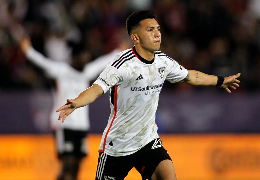 FC Dallas midfielder Alan Velasco (20) reacts after scoring a goal during first half play...