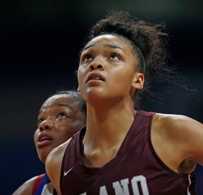 Plano Jordyn Merritt positions herself for a rebound. Plano v Cypress Creek in a UIL girls...