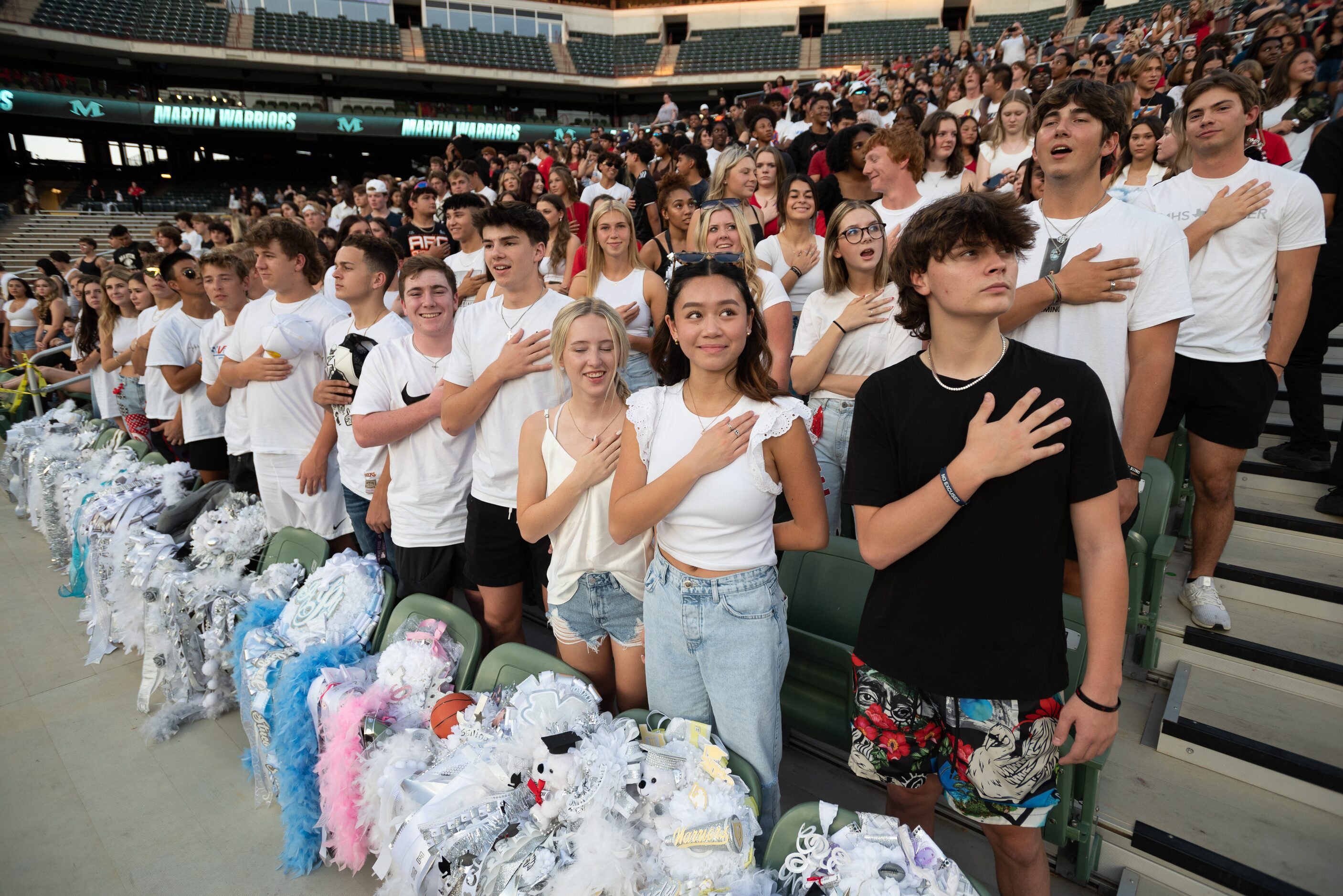 Arlington Martin students Bailey Hart, third from right, Alyssa Nguyen and Jace Green,...