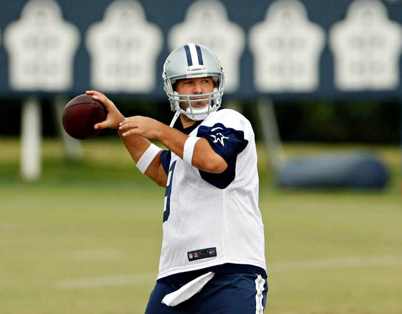 Dallas Cowboys quarterback Tony Romo throws during a mini camp Tuesday, June 16, 2015 at the...