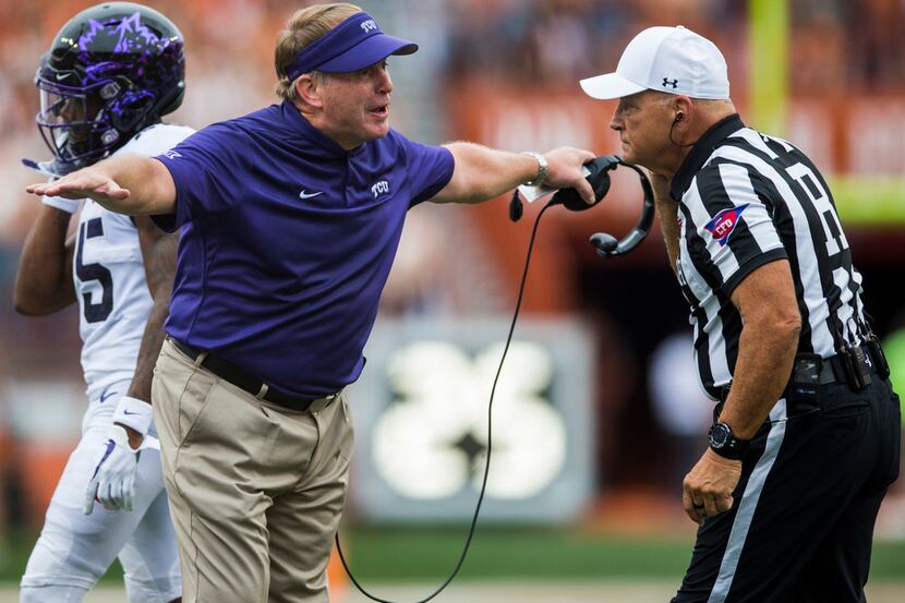 FILE - TCU Horned Frogs head coach Gary Patterson disputes a calle dduring the second...