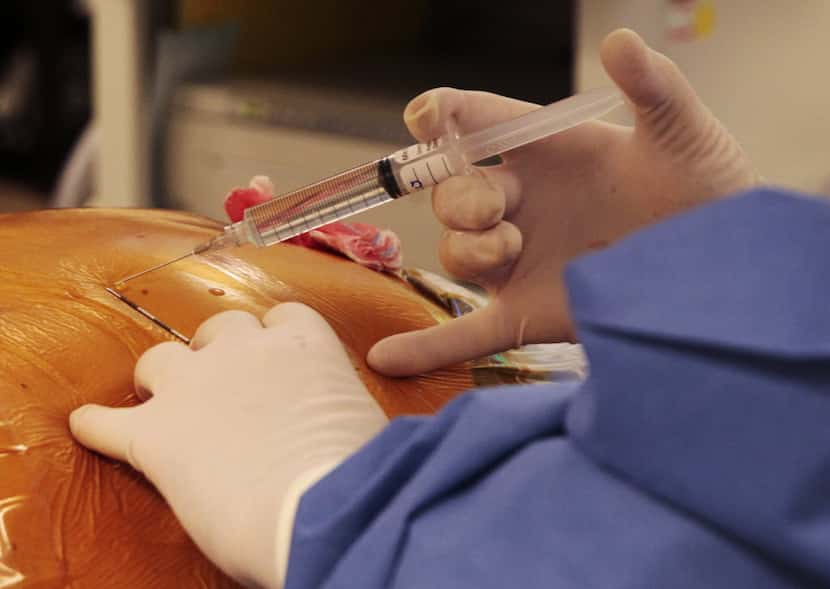 A physician injects painkillers into a patient suffering from back problems at Forest Park...