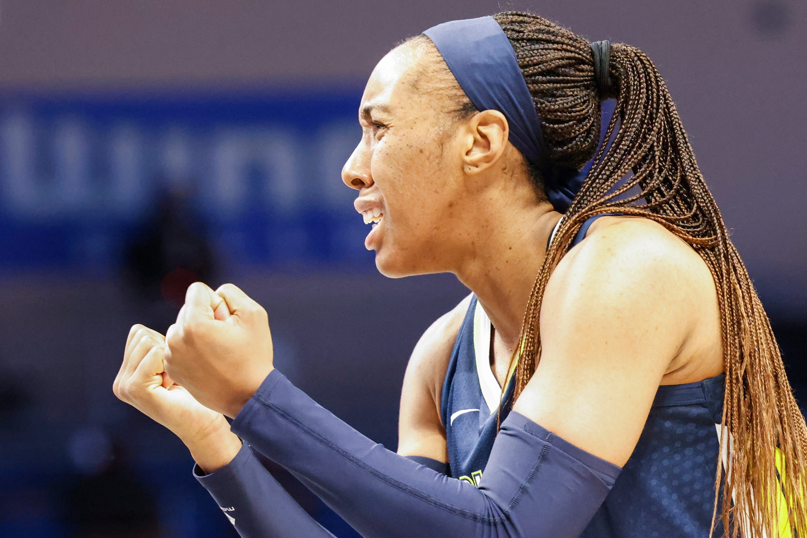 Dallas Wings forward Kayla Thornton reacts to a foul against Los Angeles Sparks during the...