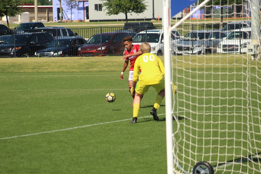 Edwin Cerrillo of the FC Dallas U19s prepares to shoot past Solar SC Goalkeeper Kellen...