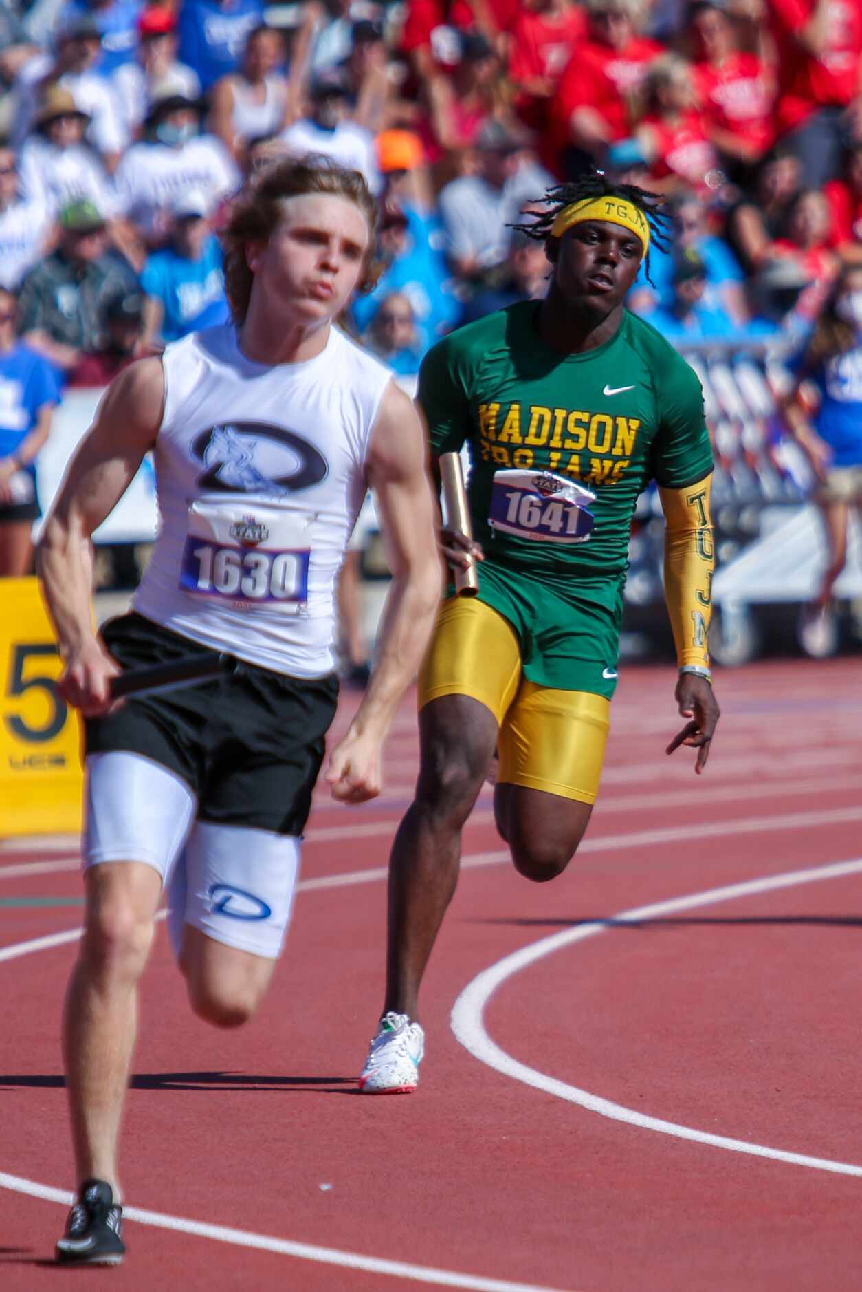 Joseph Gatlin of Dallas Madison competes in the 3A boys 4x100 during the UIL state track...