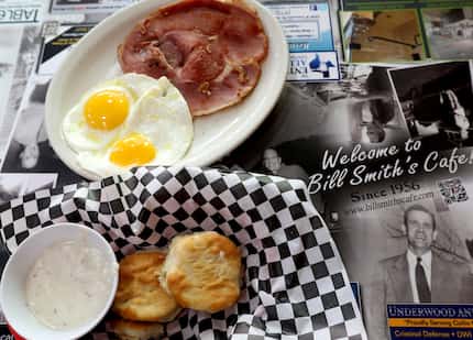 Mama Smith's Favorite is a ham steak, two eggs, and the option of biscuits and gravy or toast.
